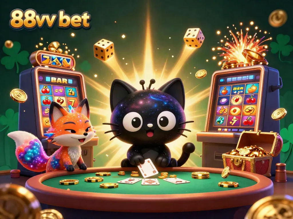 Engage with thrilling games at 88vv bet, featuring dynamic casino elements like slots and vibrant characters.