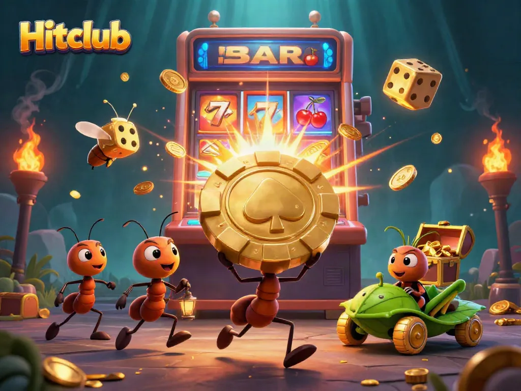 Engage with the Hitclub casino adventure, featuring cartoon ants, a firefly lookout, and a grasshopper driver in a vibrant scene.