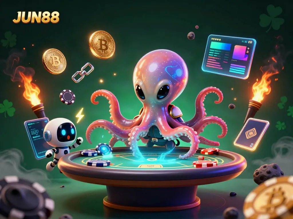 Experience thrilling poker action at JUN88 with a cosmic alien octopus operating a holographic table.