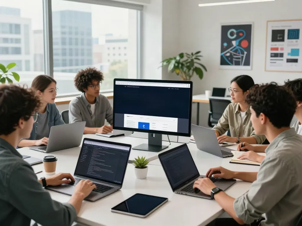 Check out this site - Team of developers collaborating at a modern workspace, engaging with digital devices.
