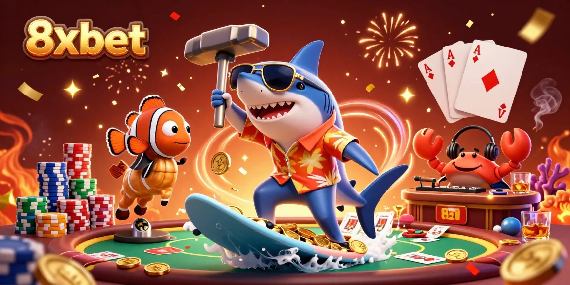 Experience the thrill of 8xbet with a vibrant 3D scene featuring a shark and clownfish amidst a poker extravaganza.