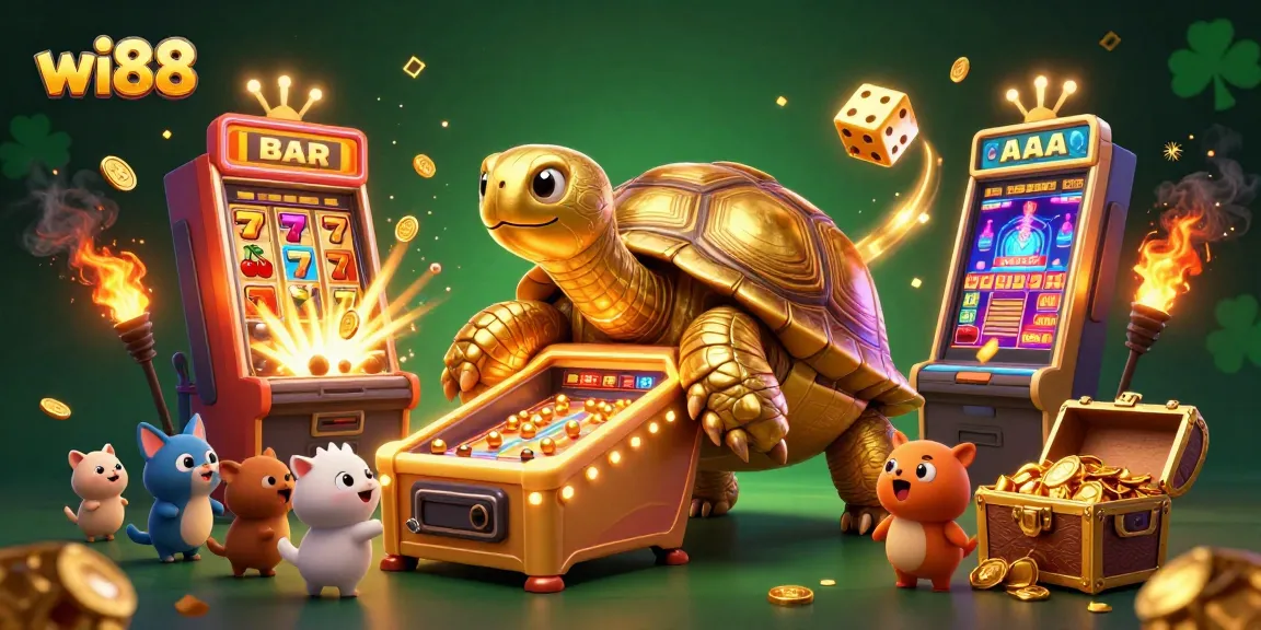 Experience the excitement of wi88 with a thrilling jackpot scene featuring a golden tortoise pinball machine and bursting slot machines.