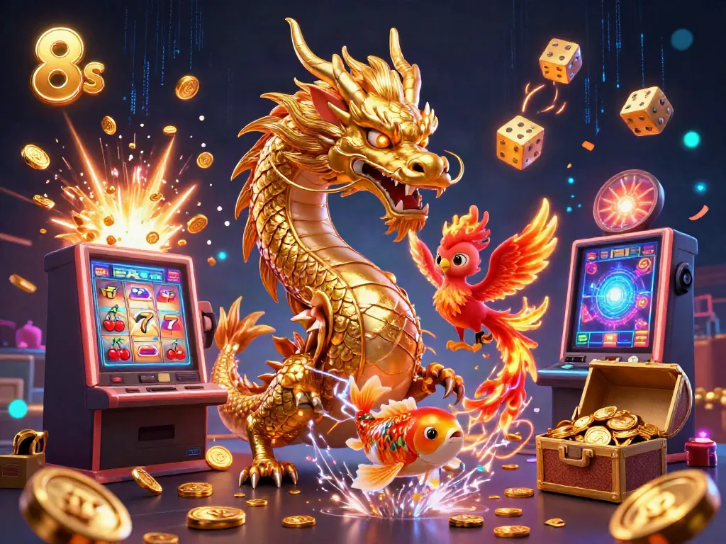Experience thrilling wins with 8s in a vibrant casino scene, featuring a golden dragon and exciting game elements.