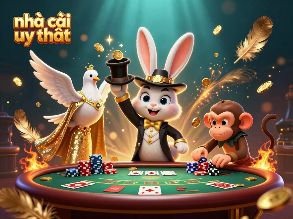 Engage with nhà cái uy tín in a magical casino scene featuring a rabbit magician, dove assistant, and playful monkey with chips.