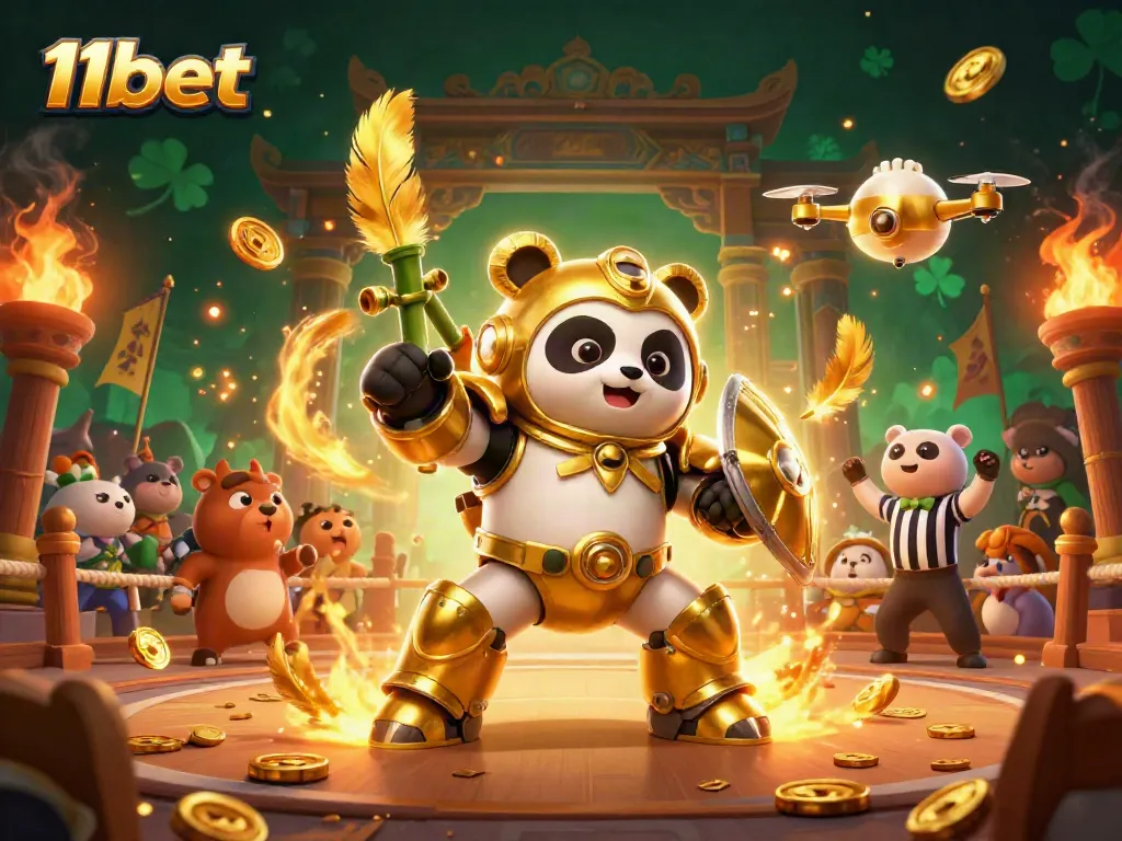 Engage with the dynamic 11bet gaming experience featuring a golden panda in a high-energy arena.