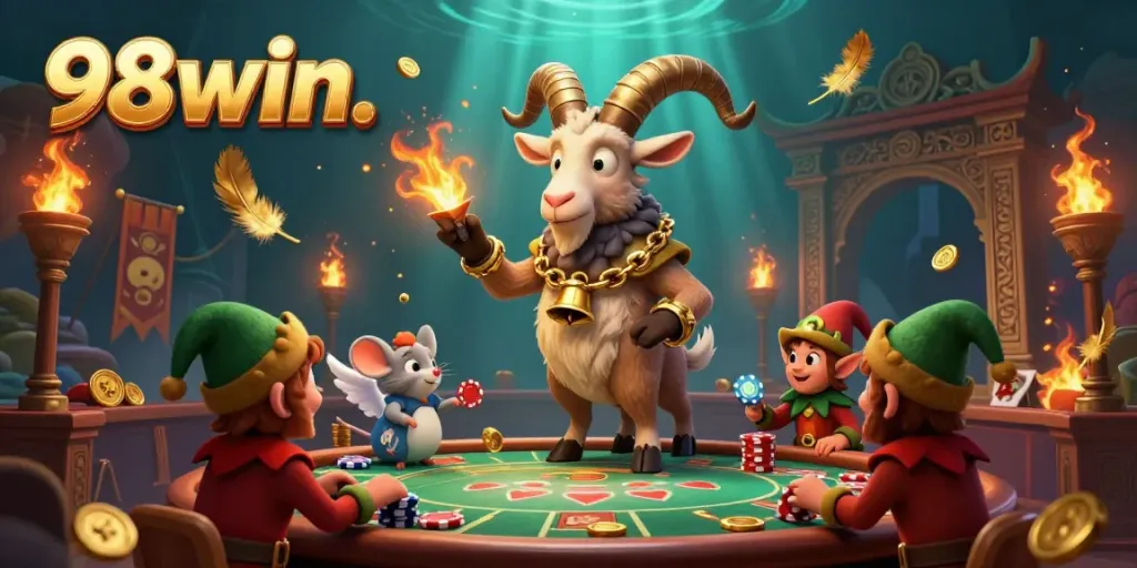 Experience the thrill of 98win's lively casino as playful characters engage in vibrant gaming fun.