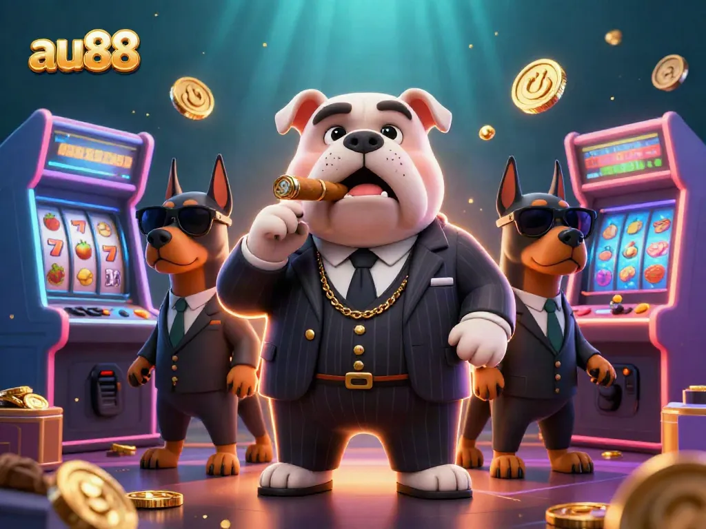 Experience thrilling gameplay in au88 with a dog mafia boss and his bodyguards amidst dazzling slot machines.