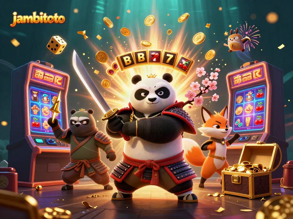 Experience the thrill of jambitoto with a dynamic casino-themed illustration featuring samurai panda and more.