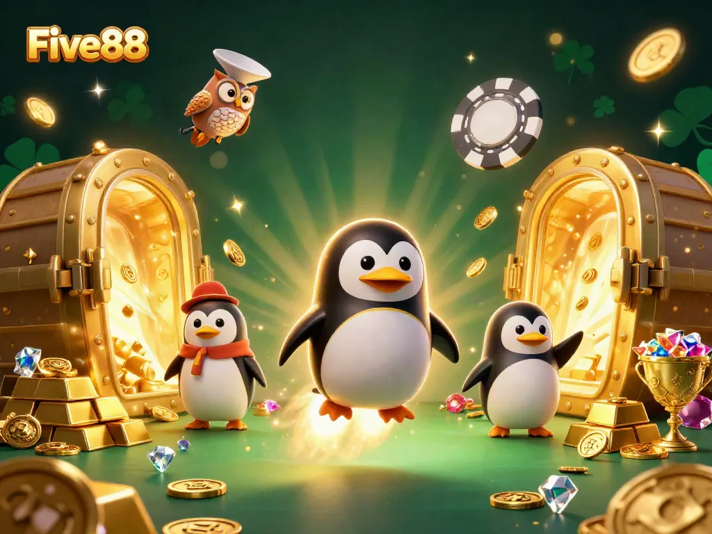 Experience excitement at Five88 with a cartoon penguin in a vibrant casino adventure.