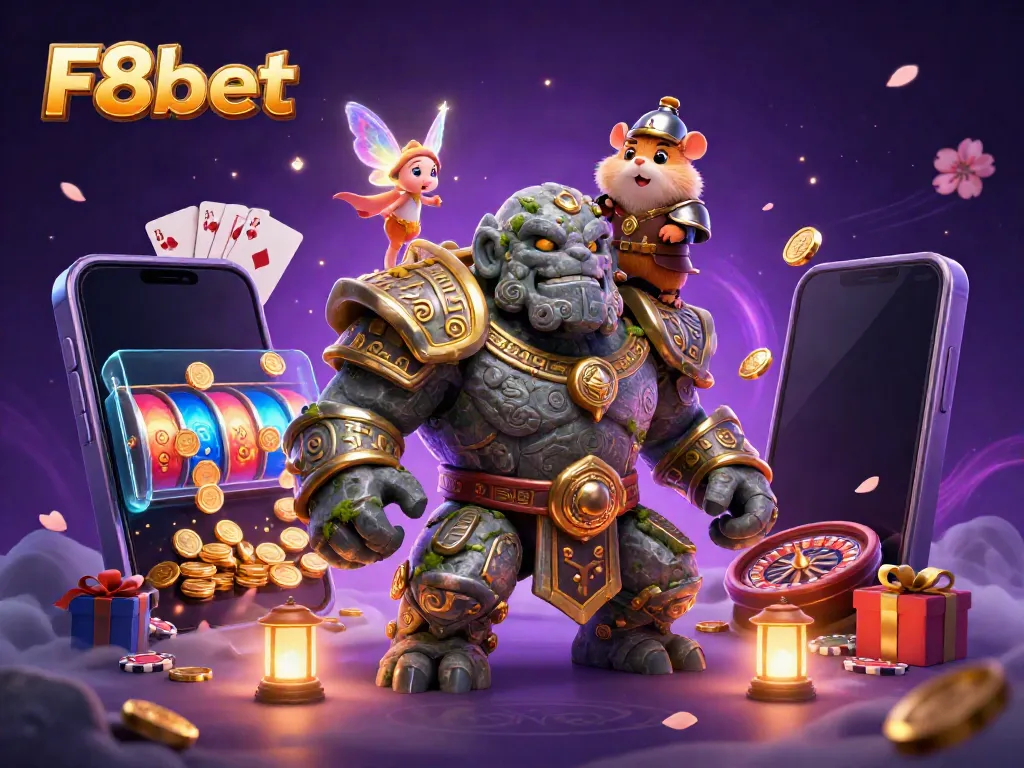 Engage with F8bet's adventures in an enchanting 3D scene featuring mystical characters and vibrant casino elements.