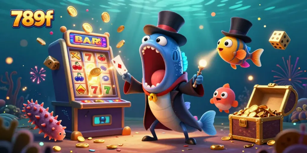 Experience 789f's thrilling jackpot excitement with dynamic characters performing magic tricks in a vibrant underwater casino scene.