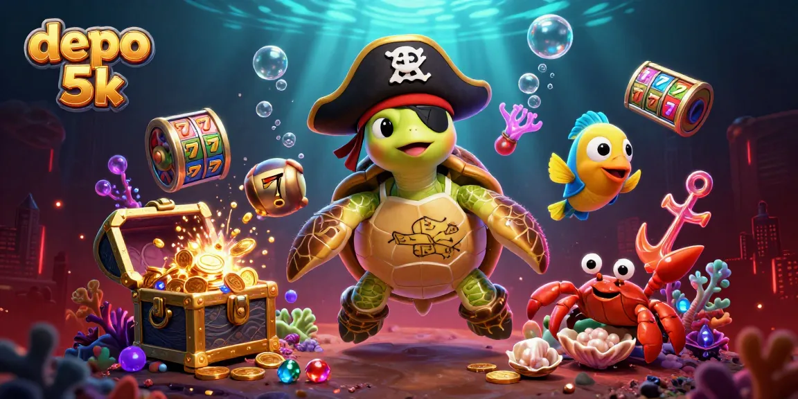 Experience the thrill of depo 5k slot games amidst treasure, with a turtle and friends in vibrant underwater scene.