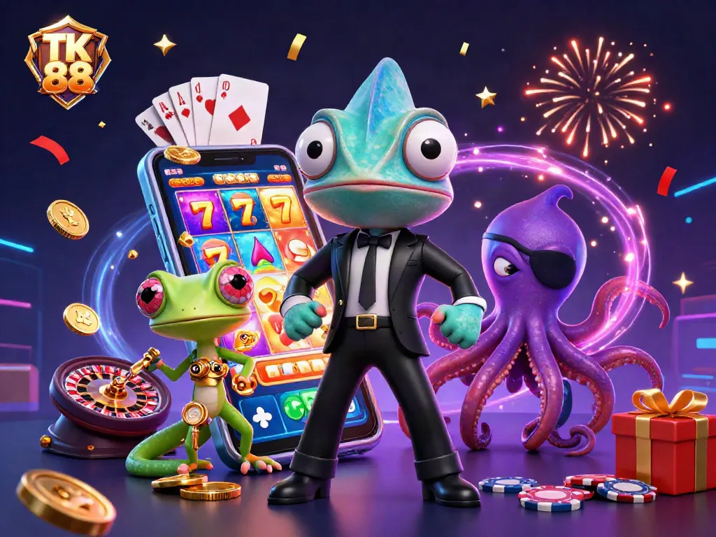 Engage with exciting slots at TK 88: a thrilling casino promotional illustration showcasing colorful games.