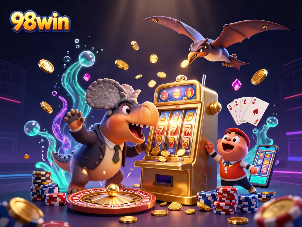 Engage with 98win as the pachycephalosaurus hits a slot machine, jackpot coins flying everywhere.