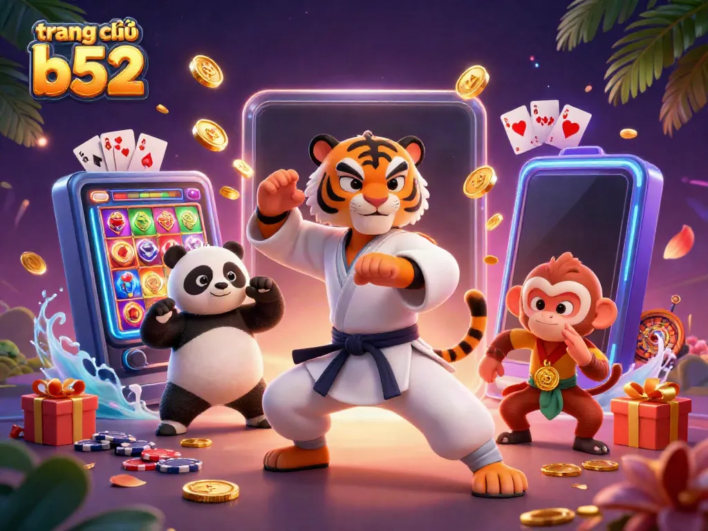 Experience the dynamic action on trang chủ b52 as a kung fu tiger leads in a vibrant casino scene.