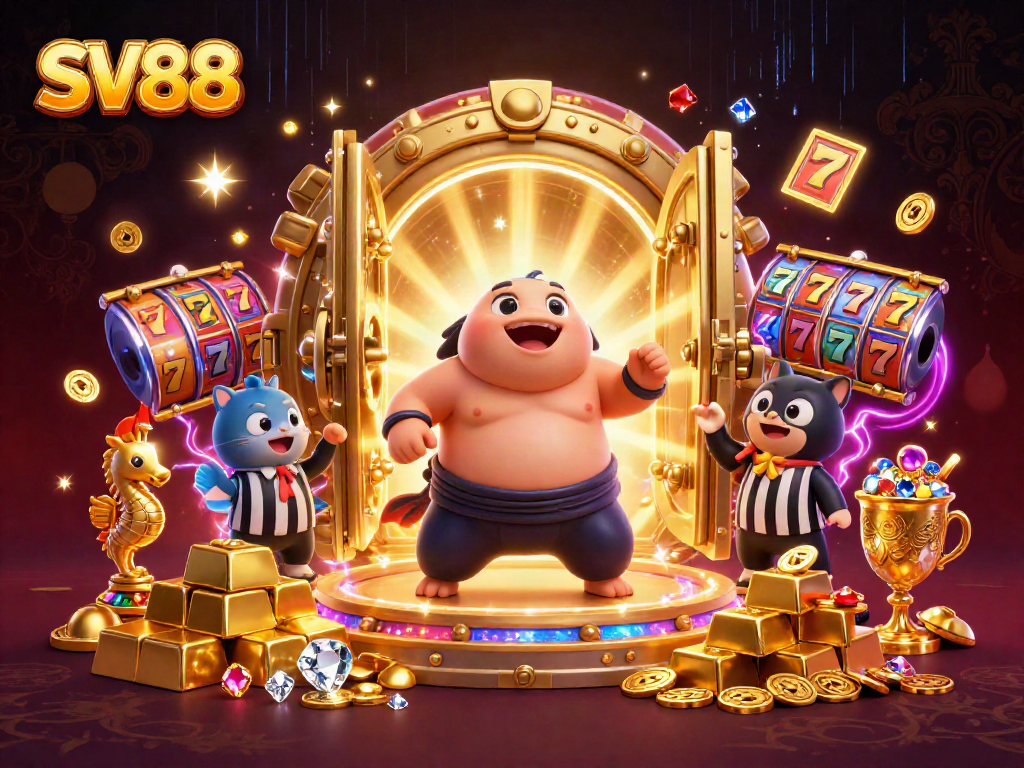 Engage in thrilling SV88 casino play with a vibrant underwater scene featuring a fugu sumo wrestler and dazzling treasures.