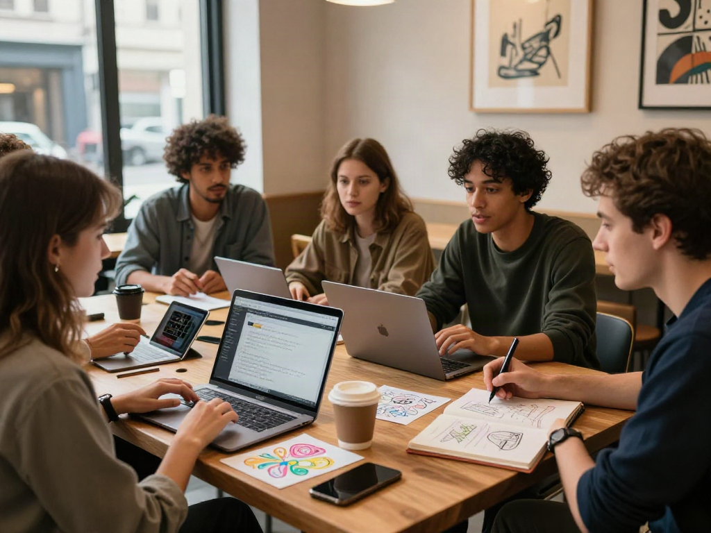 Young adults exploring nsfw ai applications in a cozy cafe setting