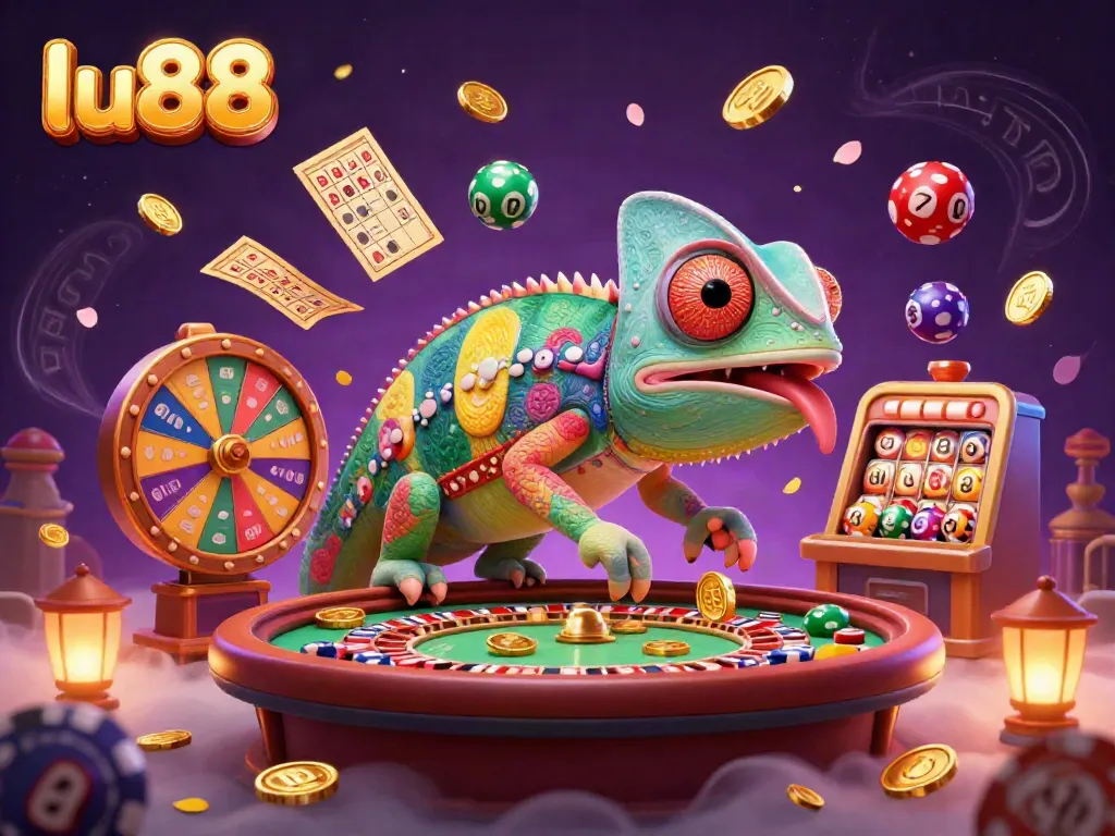 Experience exhilarating gaming action at lu88 with vibrant scenes of a colorful casino environment featuring a chameleon and lottery elements.
