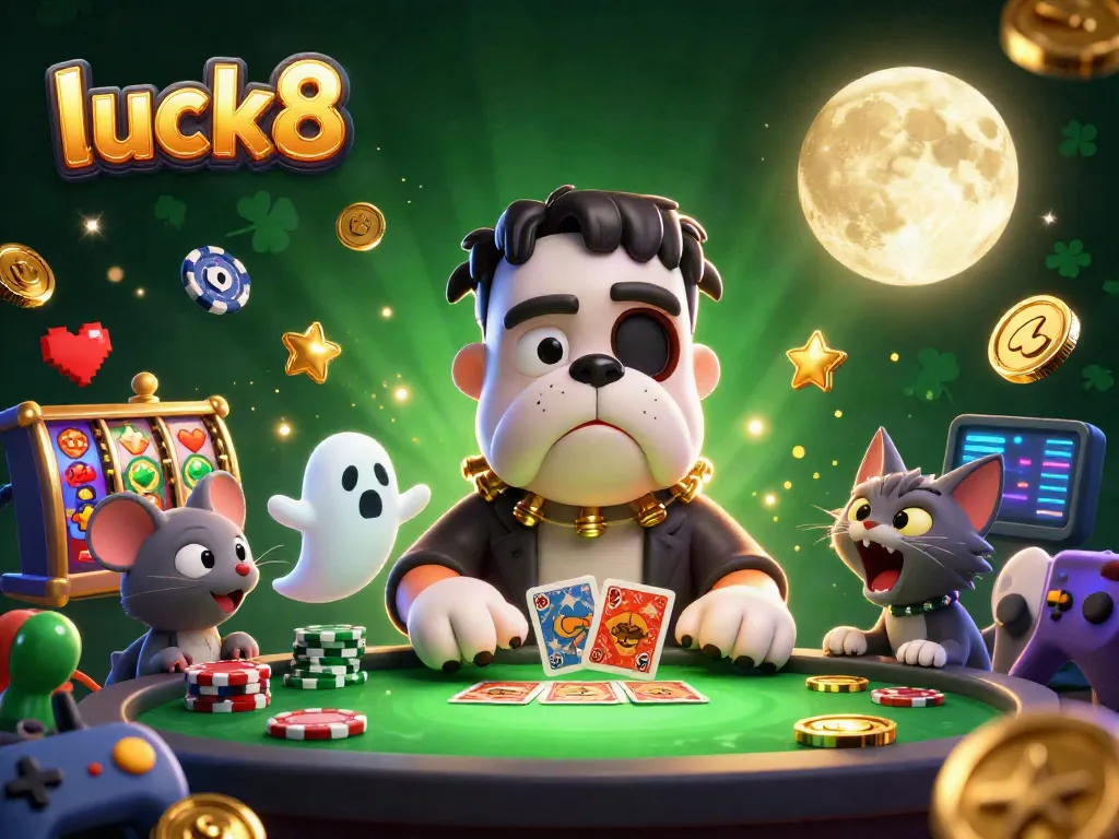 Experience luck8 with a Frankenstein bulldog dealer at a spooky table surrounded by vibrant casino elements.