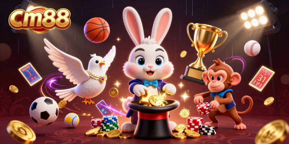 Experience cm88's vibrant casino scene with a magician rabbit, dove, and monkey among sports betting elements.