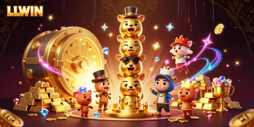 Engage with LLWIN's vibrant 3D casino illustration showcasing golden totem and treasure elements.