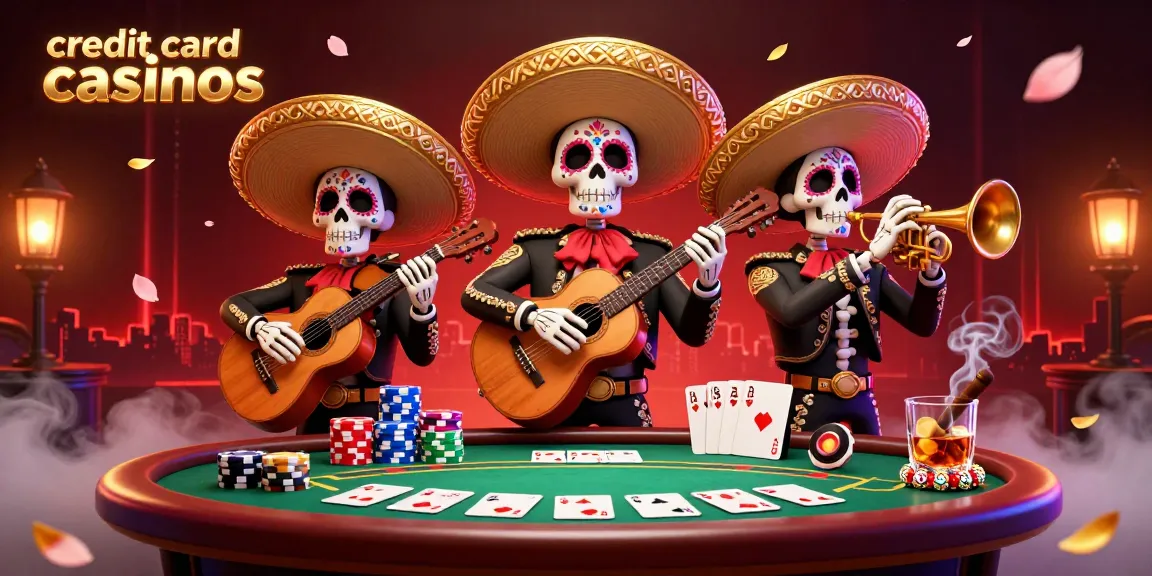 Experience the excitement of credit card casinos with a vibrant mariachi band amidst a thrilling poker scene.