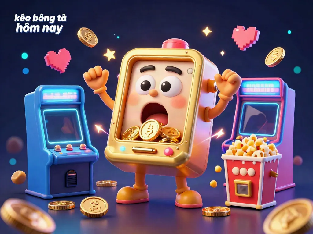 Celebrate kèo bóng đá hôm nay with a golden slot machine hitting a jackpot, coins spilling.