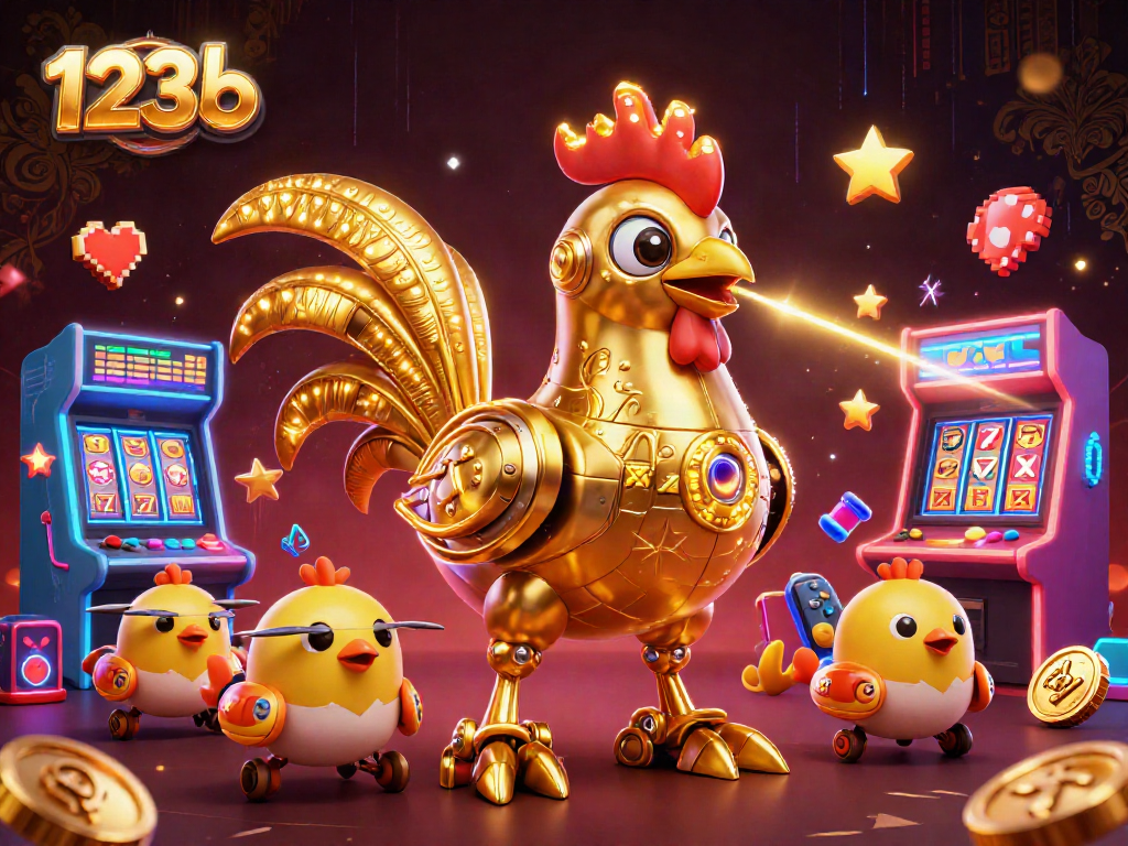 Engage in thrilling action at 123b with golden rooster robot and arcade gaming elements.