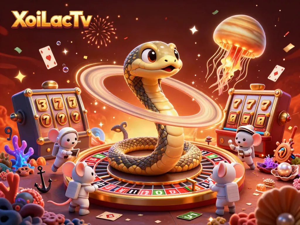 XoiLacTv showcases a vibrant 3D casino scene featuring a Saturn snake roulette wheel and astronauts placing bets.