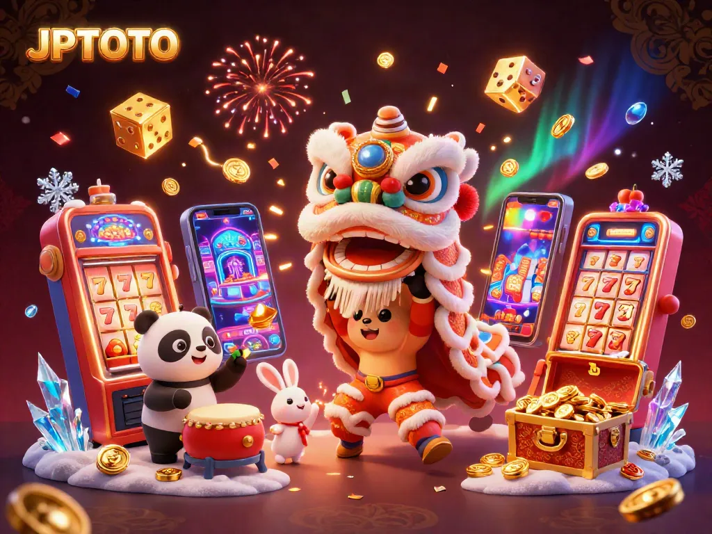 Experience JPTOTO thrills with a lively lion dance, vibrant slot machines, and festive decorations in a colorful casino scene.