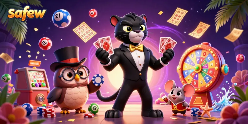 Experience the thrilling world of safew with a stylish panther dealer, wise owl, and lucky mouse amidst vibrant casino elements.