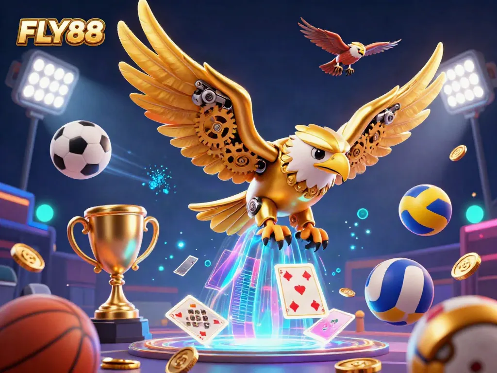 Experience the excitement of FLY88 with a dynamic scene of a golden eagle and sports elements in a vibrant casino setting.