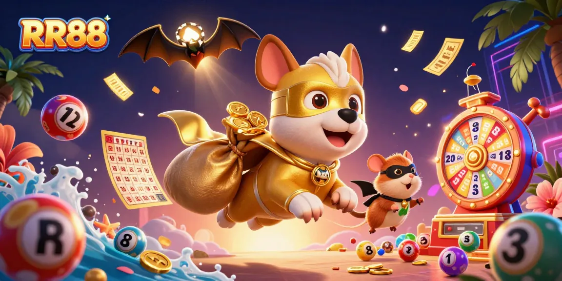RR88 offers a thrilling experience with vibrant lottery elements and engaging characters in a dynamic casino scene.