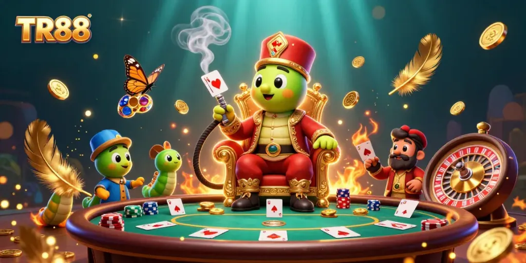 Experience a thrilling poker night with TR88's vibrant casino scene featuring a caterpillar master!