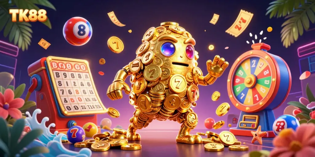 Engage in exhilarating gaming adventures with TK88, featuring colorful lottery balls and a golden golem.