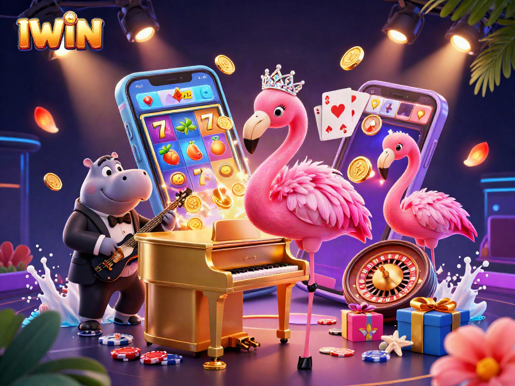 IWIN promotes exciting slot game vibes with a 3D flamingo singer and a hippo bassist in a vibrant casino scene.