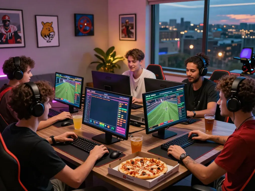 Friends enjoying a thrilling online gaming experience with vin88 in a modern setting.