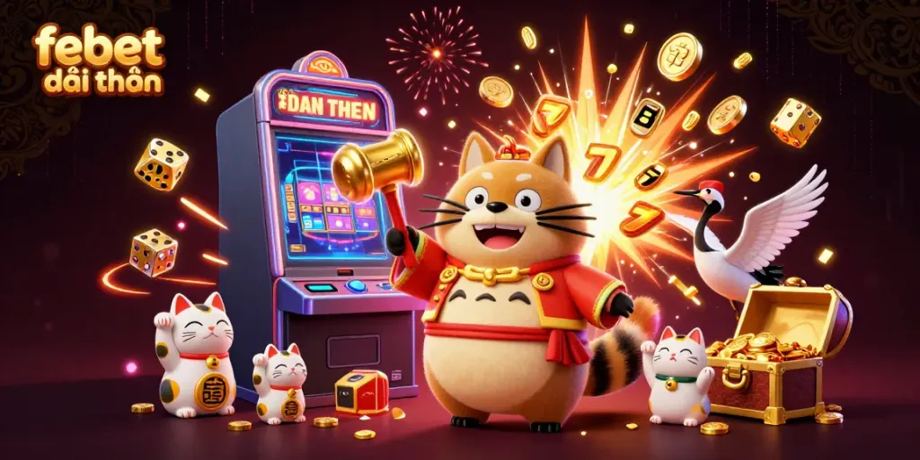 Experience febet đổi thưởng with a cheerful tanuki and crane amid dynamic casino elements and festive visuals.