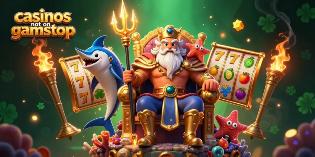 Explore casinos not on gamstop with vibrant slot reels and engaging characters in a dynamic casino scene.