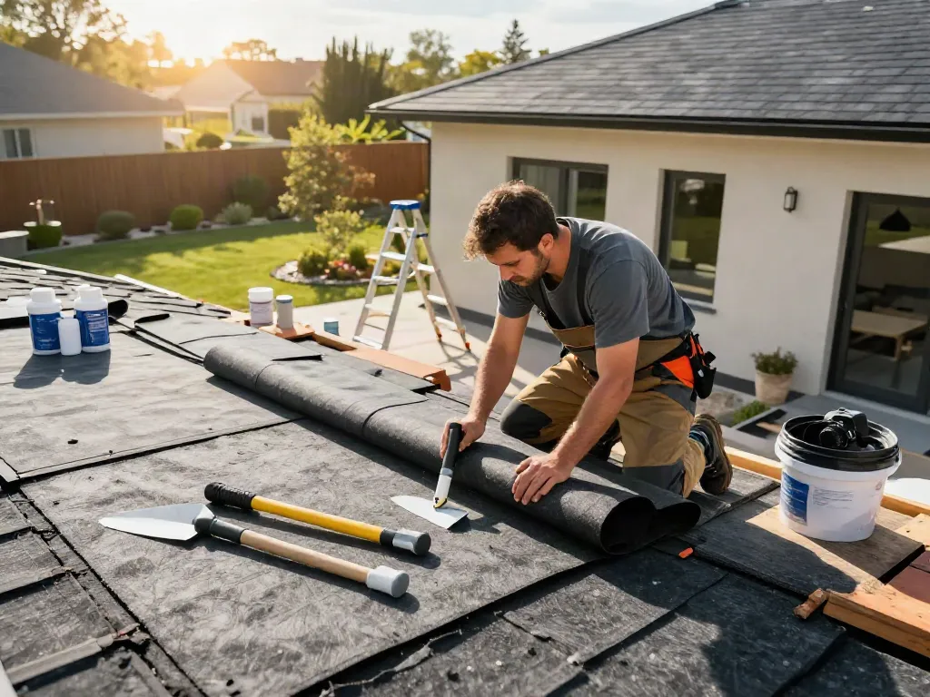 Professional roofer applying felt roof on a modern flat-roofed house with tools and a sunny garden backdrop.