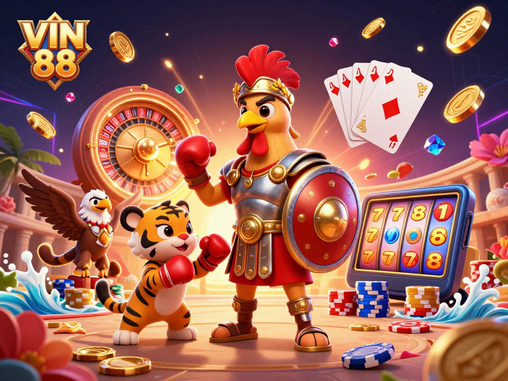 Experience thrilling action with VIN 88 as the cartoon gladiator rooster and cub showcase dynamic gameplay amidst golden coins and casino elements.