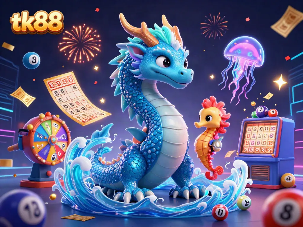 Experience thrilling gaming with tk88's rich casino atmosphere, featuring a vibrant dragon, seahorse knight, and dynamic lottery elements.
