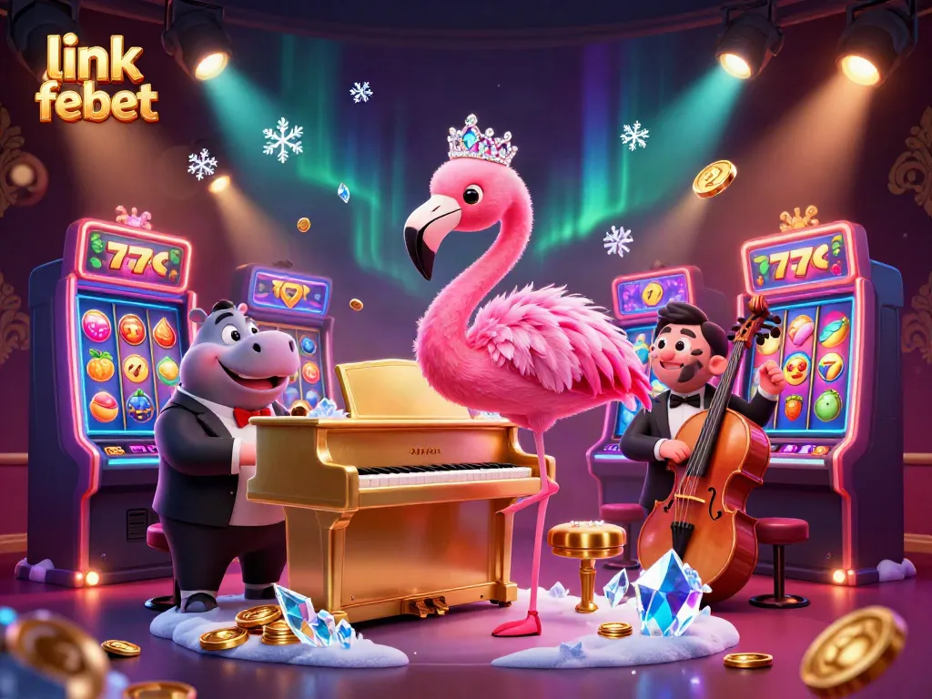 Spin the reels at link febet with a vibrant casino scene featuring a flamingo singer and hippo bassist.