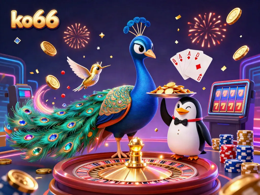 Witness a vibrant scene of the majestic ko66 peacock, with a butler penguin presenting golden chips amidst cascading coins and a spinning roulette wheel.