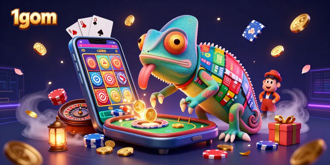 Engage with 1gom's vibrant casino scene full of slot games, golden coins, and poker excitement.