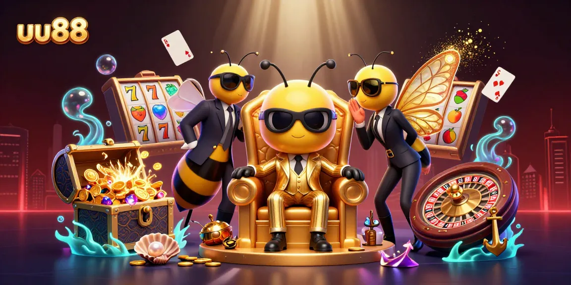Engage in thrilling gaming action with uu88's vibrant casino scene featuring slot reels and playful characters.