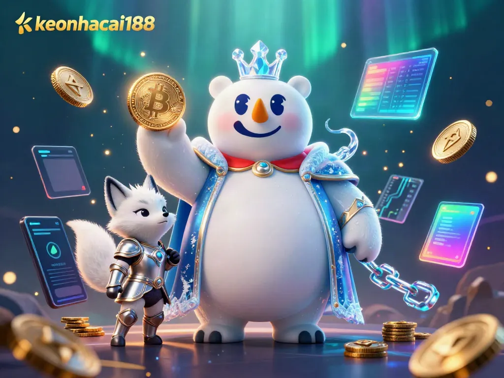 Join the dynamic world of keonhacai188 with a sports betting theme, featuring an ice king and snow fox amidst vibrant crypto elements.