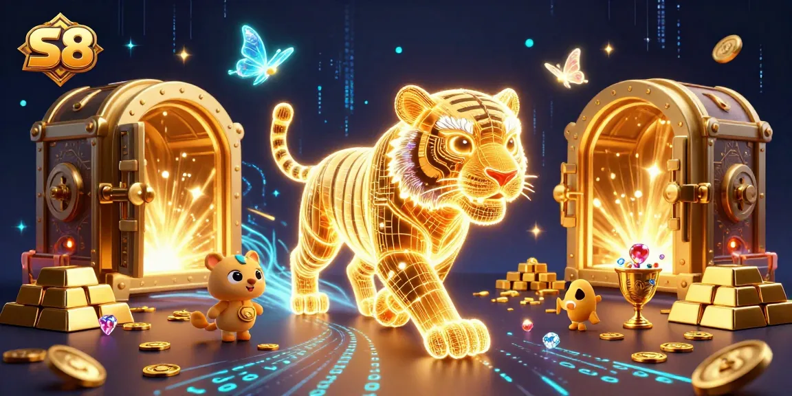 S8 players spin through a vibrant casino scene filled with gold, gems, and thrilling excitement.