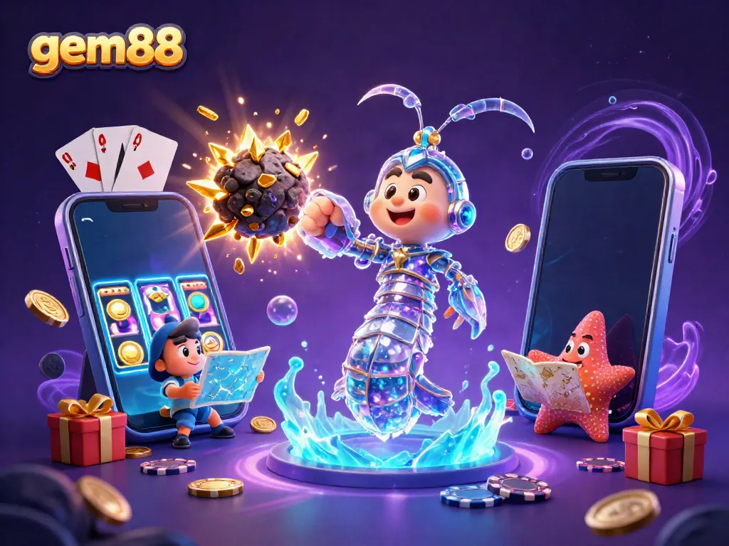 Experience thrilling action with gem88 as a galactic shrimp bursts through gems in a vibrant casino scene.