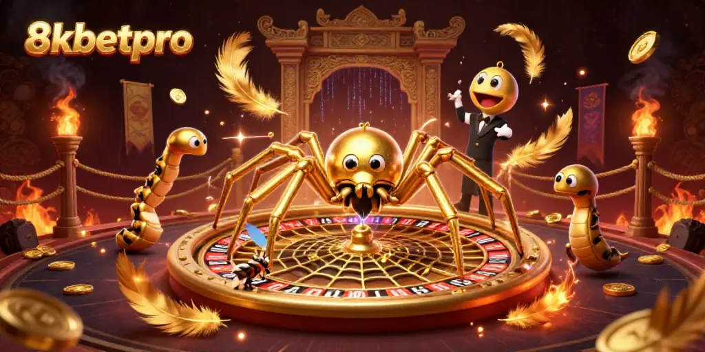 Watch the 8xbetpro golden spider spin a roulette wheel while a fly bets nervously in this vibrant casino scene.